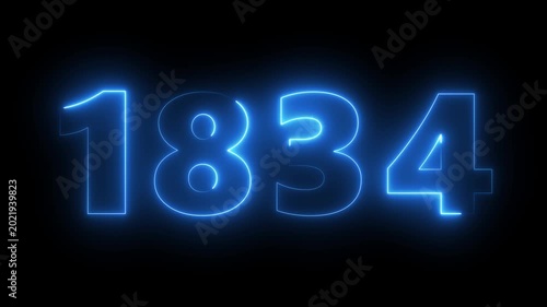 Glowing neon number 1834 with electric blue light effect on black background