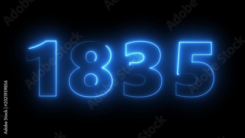 Neon blue glowing number 1835 on black background, digital signage animation, futuristic light effect