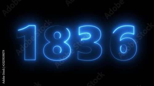 Glowing neon blue number 1836 on black background, digital countdown or anniversary concept