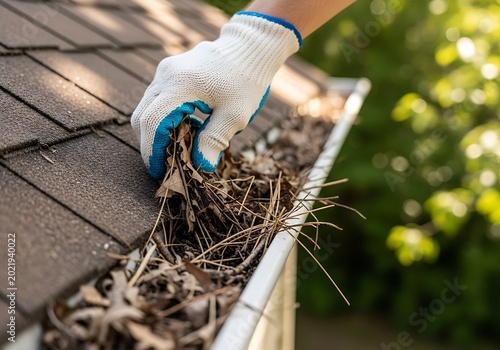 Hand cleaning clogged roof gutter with debris gutter cleaning