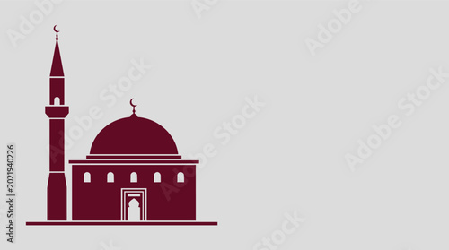 Quadro su tela Minimal Islamic mosque vector silhouette with dome and minaret in maroon on gray background, modern flat design for Ramadan, Eid celebration, religion and architecture design theme