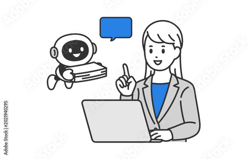 書類整理を手伝うAI･チャットボットと指示するビジネスパーソン女性【人物ベクターイラスト素材】