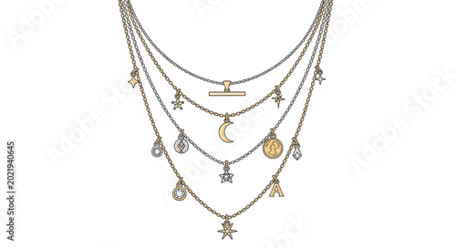 Quadro em tela Elegant layered silver necklace with celestial charms and gemstones