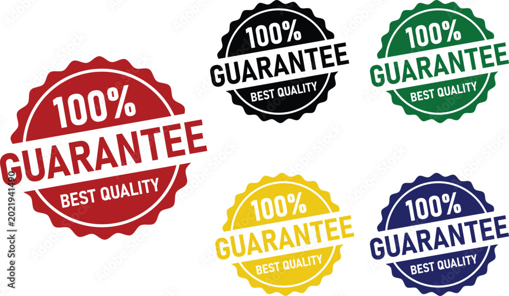 Fototapeta premium Four colorful guarantee badges with one hundred percent text and best quality claims