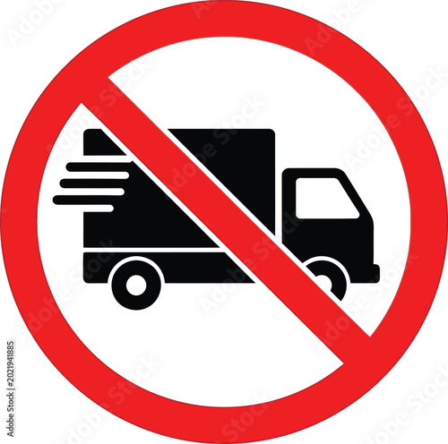 No delivery truck allowed sign with a black vehicle icon inside a red forbidden circle symbol for traffic rules Vector