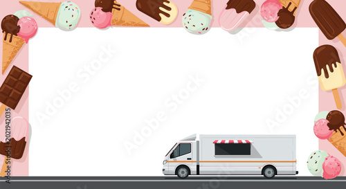 Decorative frame border featuring various ice cream treats like cones, popsicles, and chocolate bars with a delivery truck on a pink background.