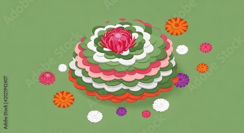 Vibrant Layered Paper Flower Composition On Green Background With Scattered Petals