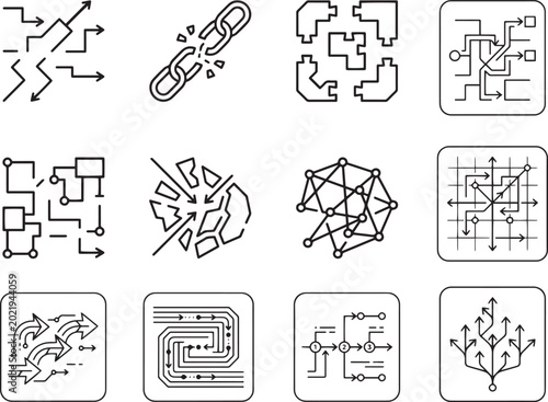Fotografie Minimalist technology line icons set, 12 abstract digital connectivity and data