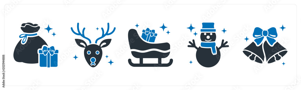 Fototapeta premium A set of 5 mix icons as santa sack, reindeer, sleigh