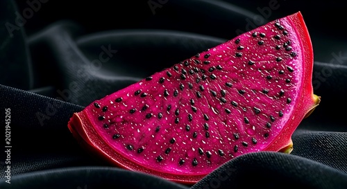 Fresh Vibrant Pink Dragon Fruit Slice Adorned With Water Droplets Resting On Dark Fabric