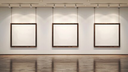Three empty square frames hang on a white wall in a modern art gallery with wooden floors and spotlights