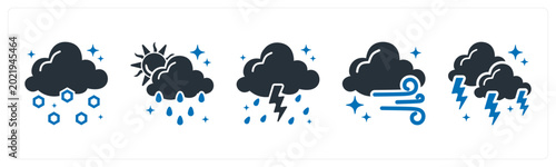 Canvastavla A set of 5 mix icons as hail, downpour, thunderstorm