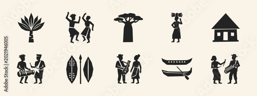 Foto African heritage silhouette icons featuring tribal dancers baobab tree hut and m