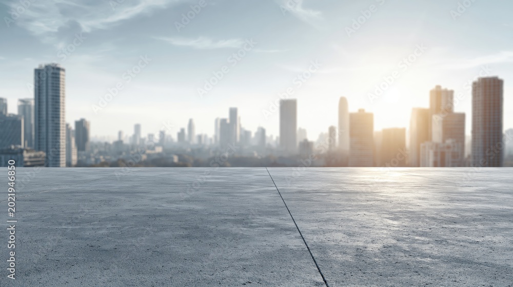 Naklejka premium Empty concrete platform overlooking a hazy cityscape with modern skyscrapers at sunrise