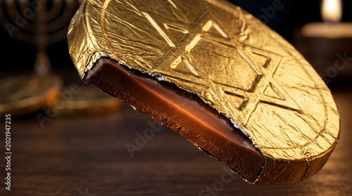 Unwrapped Hanukkah gelt chocolate edge showing foil-embossed Star of David waiting