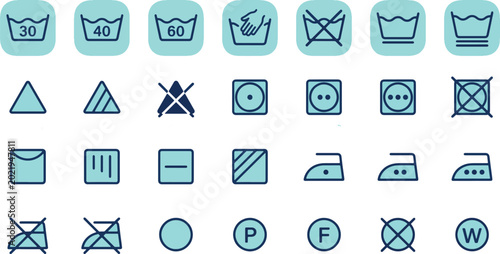 Laundry Care Instructions and Fabric Washing Symbols Vector Icon Set