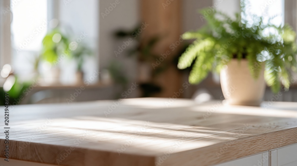 Fototapeta premium Bright, Sunlit Wooden Tabletop with Potted Green Plant in Soft Focus Home Interior