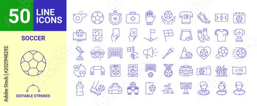 Soccer and football line icon pack with 50 editable stroke symbols