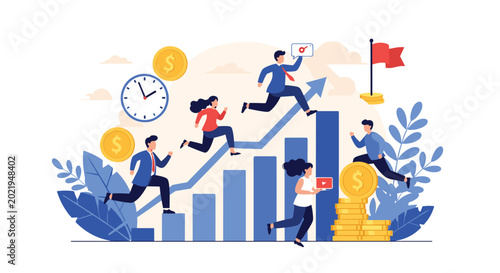 Motivated group of business people run up a blue bar graph towards success and a red flag in a conceptual illustration.