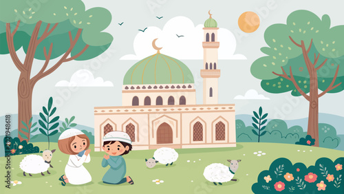 Happy children celebrating eid aladha with sheep in front of a mosque