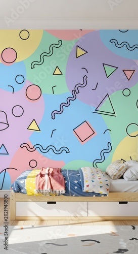 Colorful Abstract Geometric Pattern Wall Mural Behind Modern Bed Interior Design