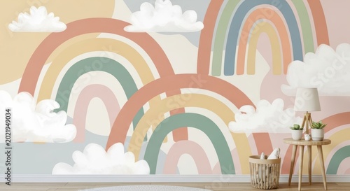 Whimsical Rainbow Mural with Fluffy Clouds in Soft Pastel Colors Interior Decor