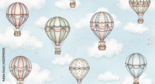 Soft pastel hot air balloons flying among fluffy clouds with a crescent moon in sky