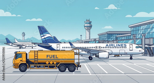 Cuadro en lienzo Fuel truck refuels airplane at airport terminal building.