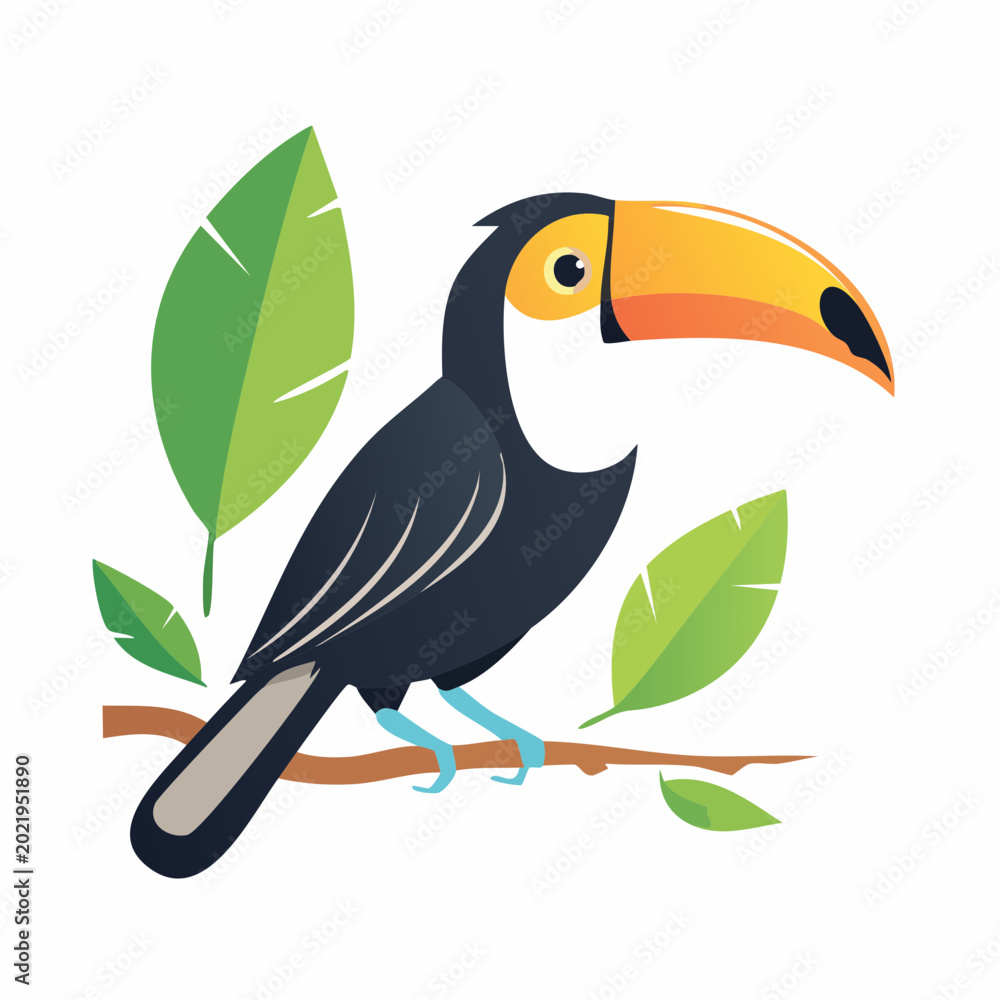Obraz premium Stylized Toucan Perched on a Branch with Tropical Leaves