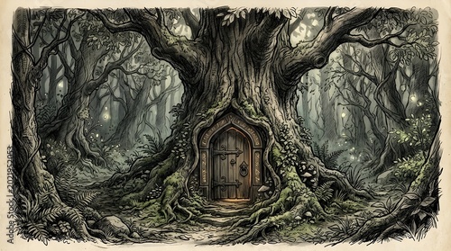 Magic tree door in dark forest