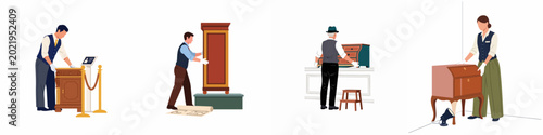 Foto Professional antique dealers and museum curators handling valuable historical wooden furniture in white gloves, flat vector illustration set isolated on white background