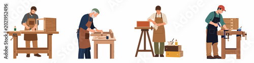 Bild auf Leinwand Illustration set of carpenters and woodworkers working on wooden furniture at their workbenches in a studio, isolated on white background