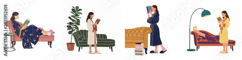 Obraz na płótnie Collection of illustrations featuring women in comfortable robes relaxing at home, reading books on stylish chaise longues, sofas, and armchairs
