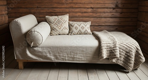 A rustic Scandinavian cabin interior with a simple, natural linen-covered chaise lounge, unbleached cotton bolster, and homespun patterned throw pillows. A hand-knitted wool blanket