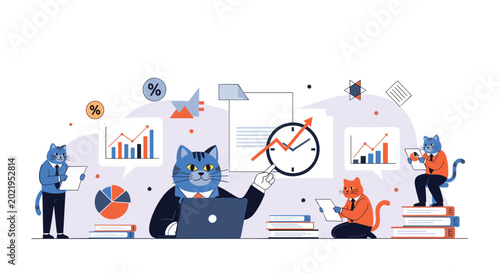 Group of cat characters in business suits working in office setting with data charts and laptops on desks for humor.