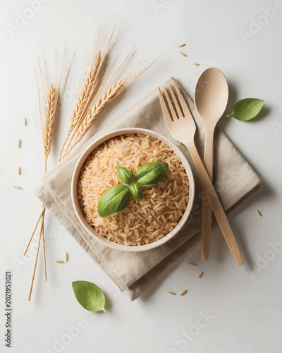 Brown Rice Bowl with Basil Leaves on White Background