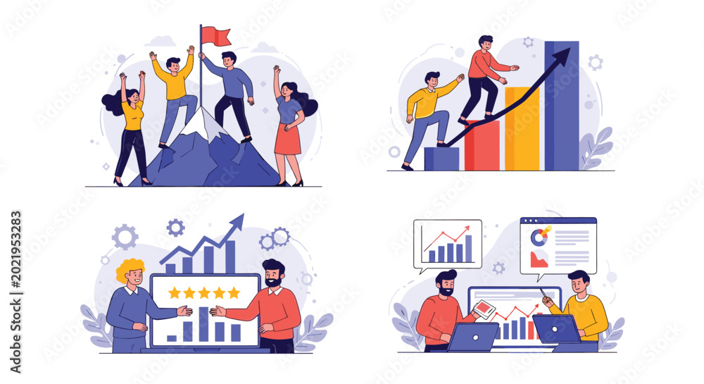 Naklejka premium Four scenes showing business success and teamwork with employees climbing charts and analyzing data in modern office.