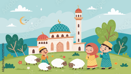 Happy children celebrating eid aladha with sheep in front of a mosque