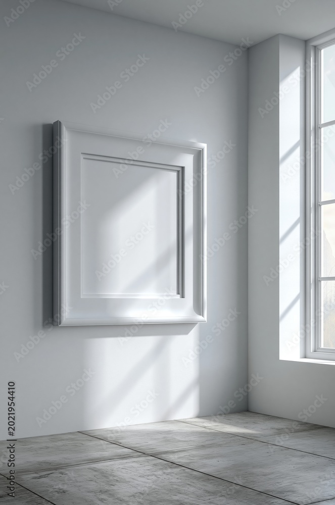 Fototapeta premium Empty White Square Frame Hanging on a Modern Wall with Natural Sunlight Streaming Through a Large Window