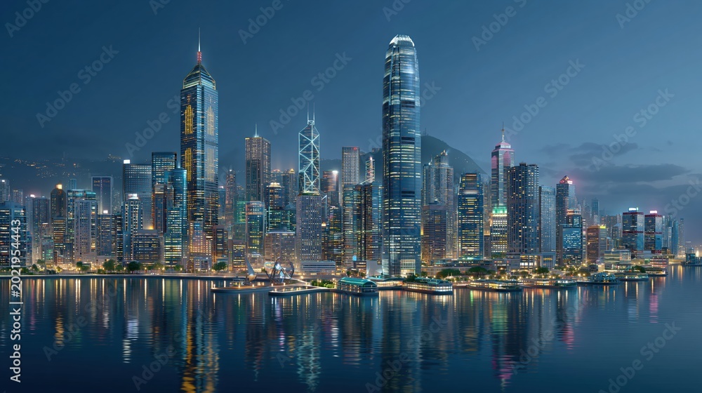 Fototapeta premium Modern illuminated cityscape skyline at dusk with reflections on the water