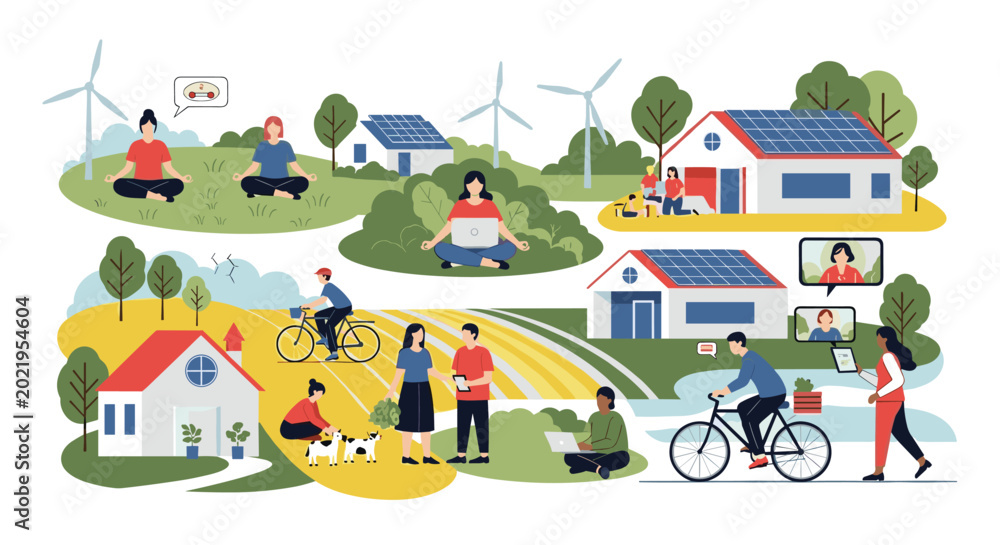 Naklejka premium Eco friendly smart village concept showing sustainable living with wind turbines and solar panels integrated into a modern green community.