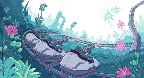 Futuristic Roller Coaster Ride Through Lush Greenery and Pink Flowers.