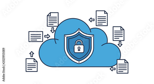 Cloud data security concept illustration with shield and padlock. Secure online storage, digital privacy, and network protection for sensitive information transfer.