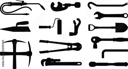 Canvas-taulu Industrial manual hand tools silhouette set including blowtorch pipe cutter bolt