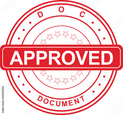 Photos A red APPROVED stamp on a document with stars and circles