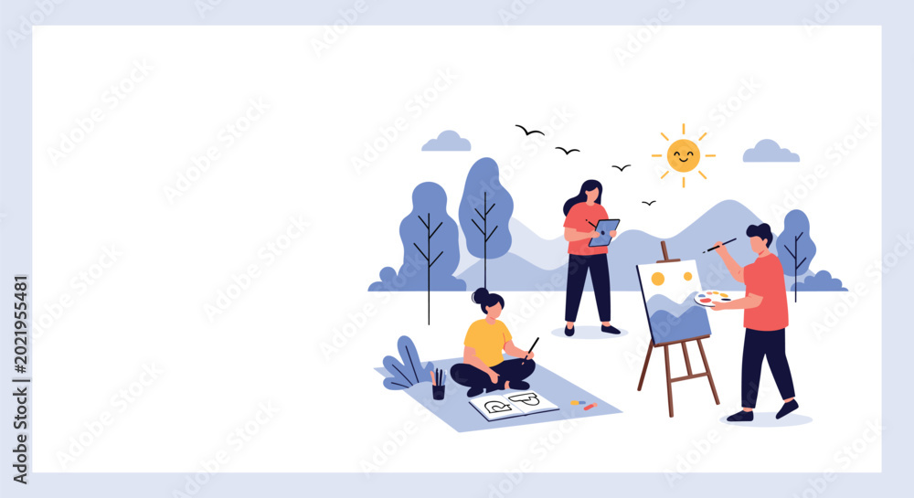 Obraz premium Group of creative artists enjoy painting and drawing outdoors in a beautiful sunny park surrounded by blue trees and nature.