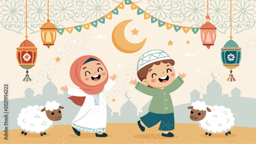 Happy muslim children celebrating eid aladha with cute sheep
