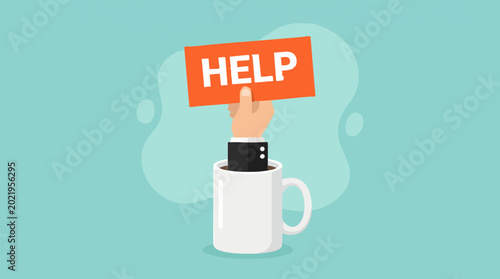 Foto Drowning in work, hand holding HELP sign from coffee mug, vector concept