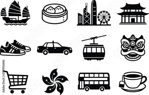 Canvas Print Hong Kong Culture and Travel Icons Collection Vector Illustration Set