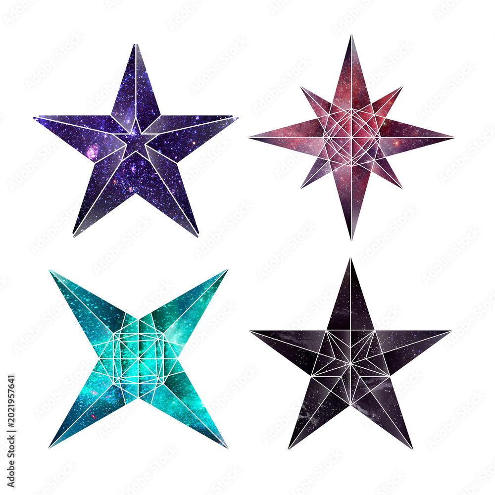 Obraz premium Colorful galaxy patterned geometrical shaped stars sticker set